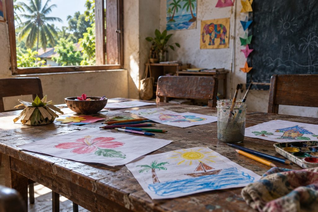 Illustrative image of drawings and art materials on a classroom table