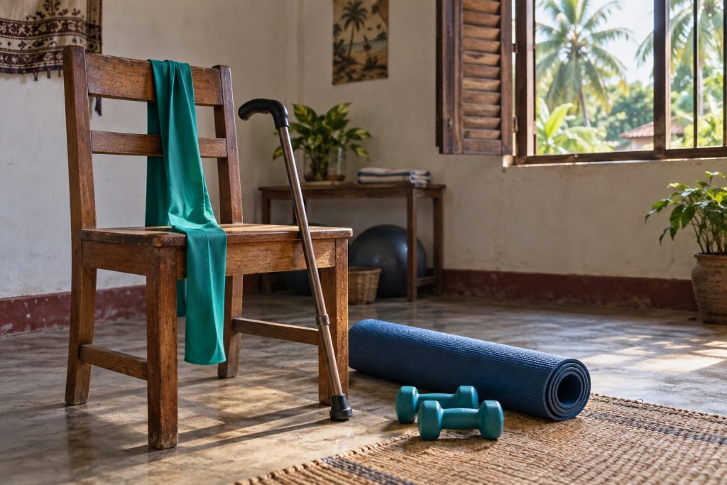 Illustrative image of a chair, cane, exercise mat, and hand weights