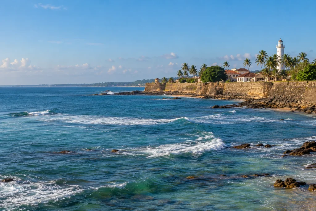 AI-generated view of a coastal fort, lighthouse and Indian Ocean inspired by Galle.
