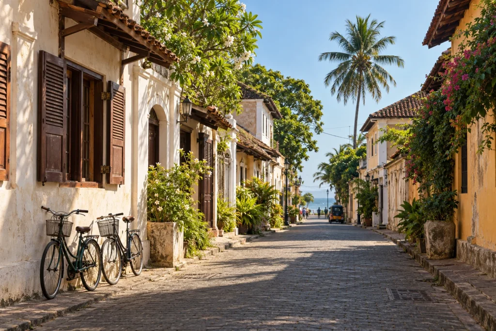 AI-generated heritage street with shaded shutters, bicycles and palms inspired by Galle.