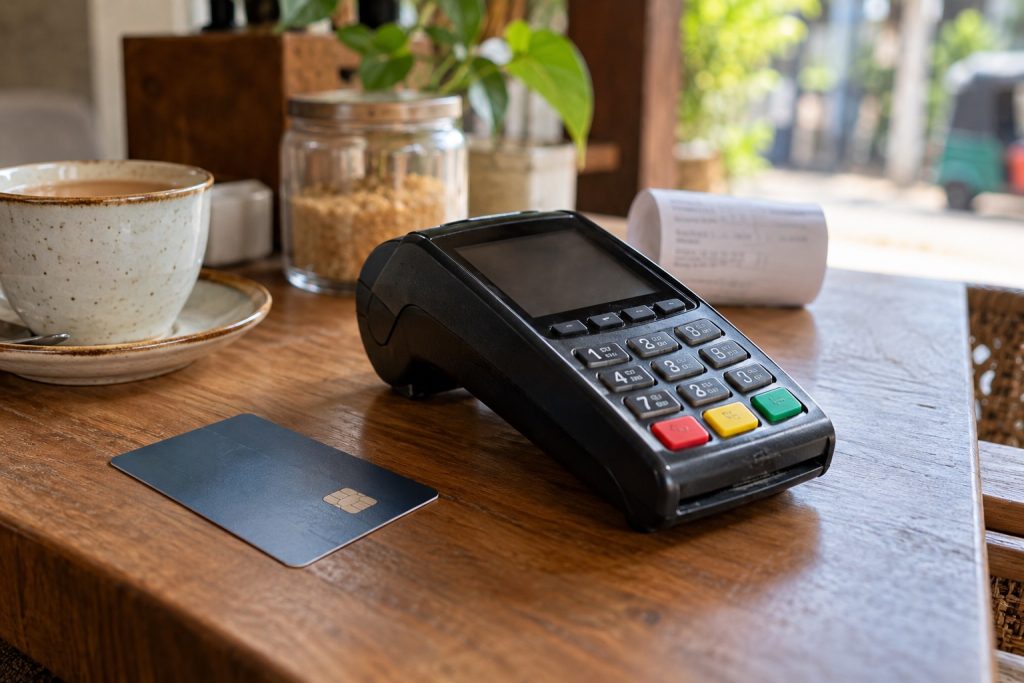 Bank card and payment terminal on a wooden table