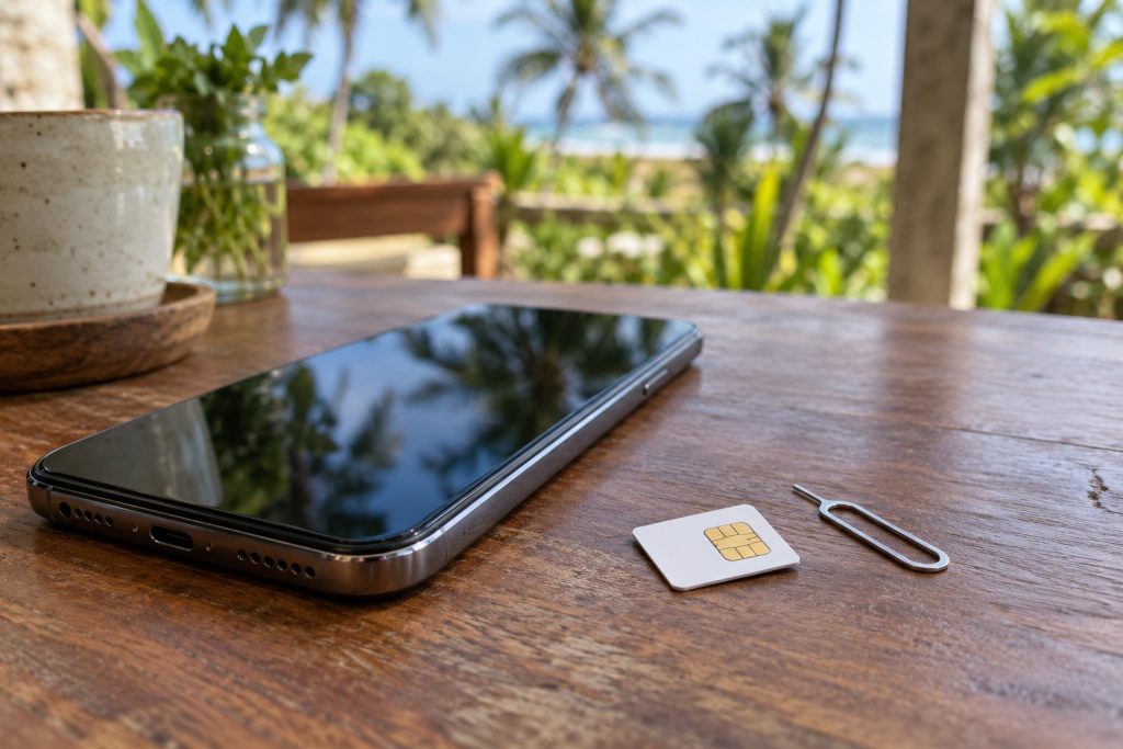 Phone and SIM card beside a garden workspace