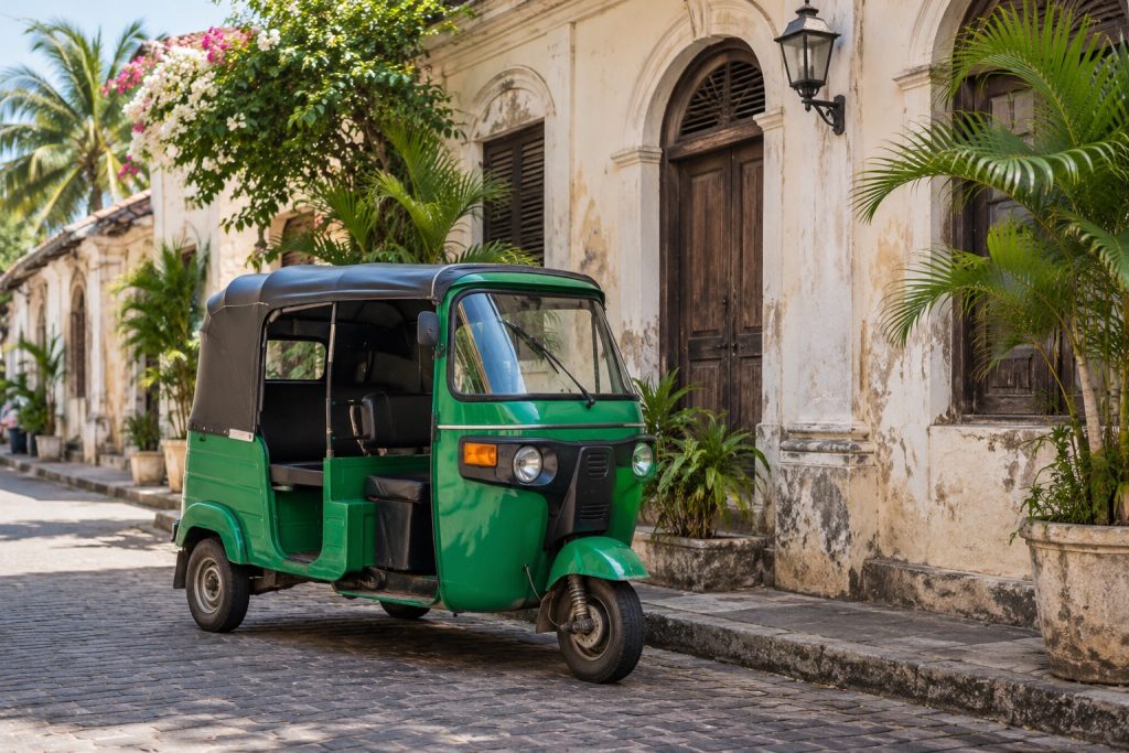 A tuk-tuk beside a historic street in Galle