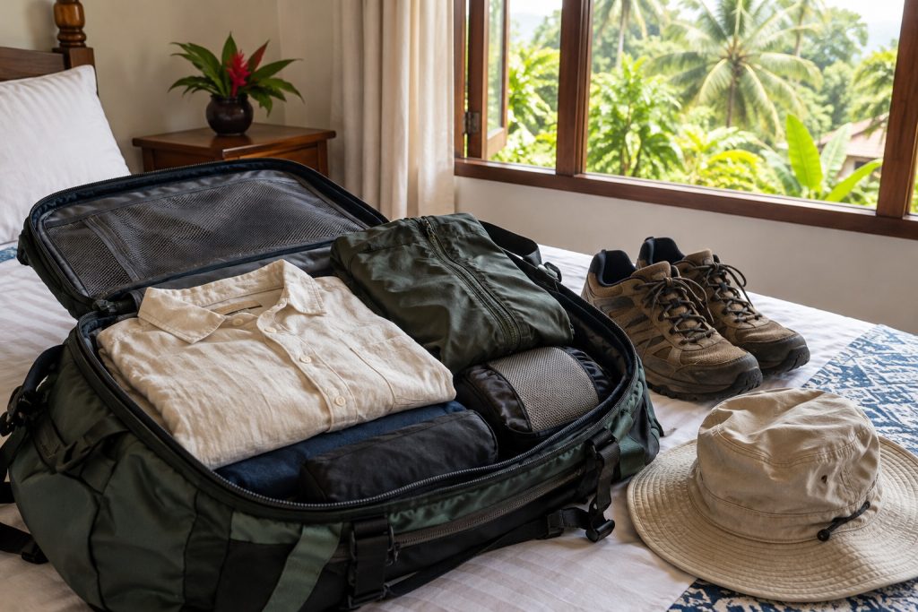 An open suitcase with clothing and travel essentials